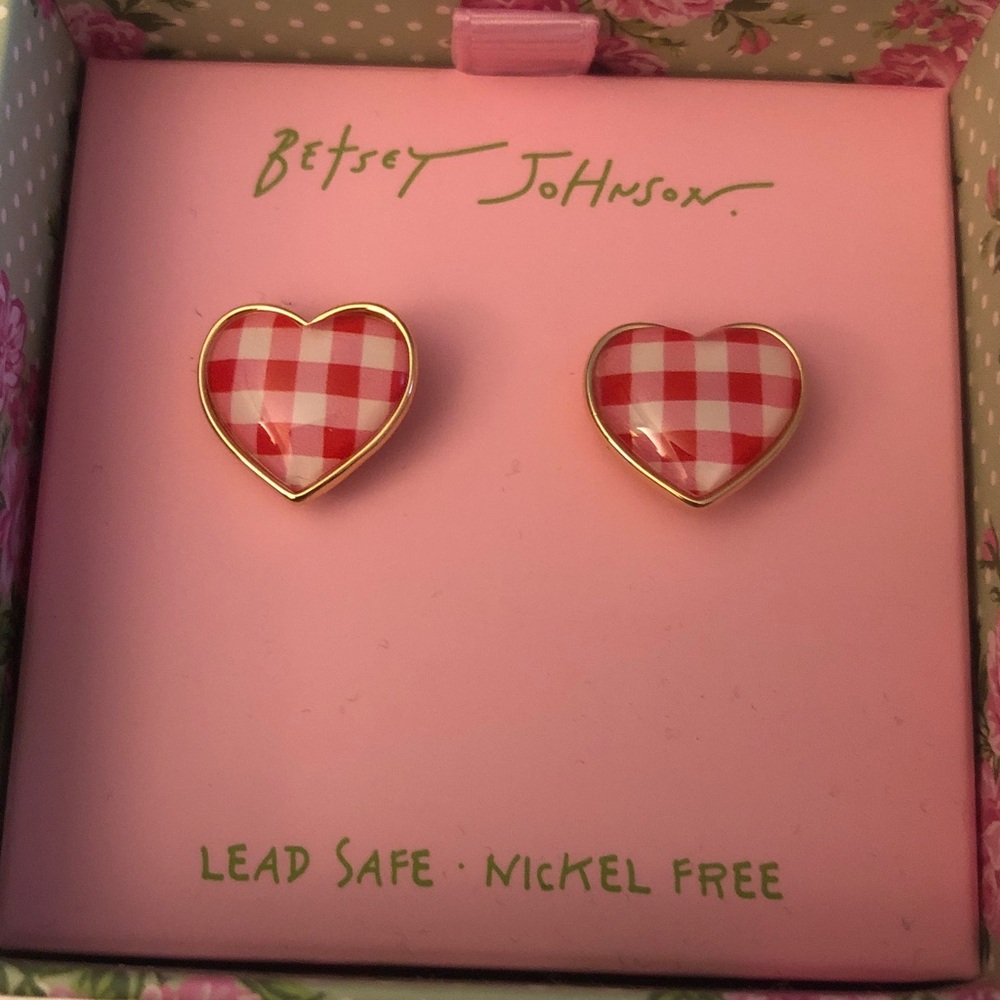 Betsey Johnson Gold Tone Summer Picnic Red & White Gingham Heart Stud Earrings